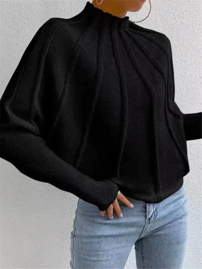 Autumn and Winter New Semi High Neck Solid Color Versatile Knitted Pullover Sweater Bat Sleeve Sweater for Women's Tops - Image 4