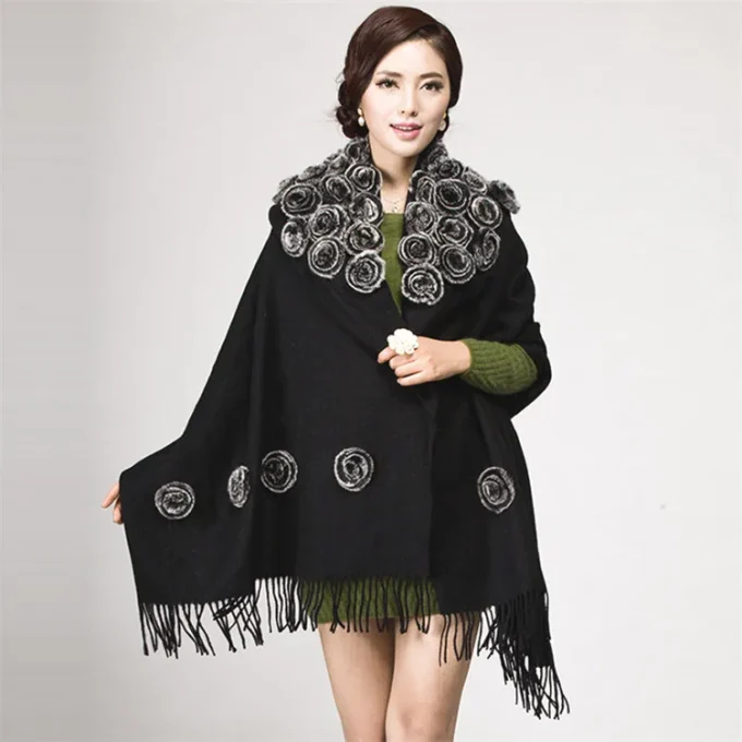 Wool Cashmere Purple Scarf Real Fur Scarf for Women Winter Fashion Long Wool Scarf With 48 Pieces Rex Rabbit Fur Flowers - Image 3