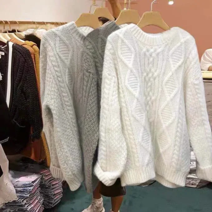 Thickened Cable-knit Sweater Women's Autumn and Winter New Retro Lazy Loose Pullover All-matching Knitwear Tops Outerwear