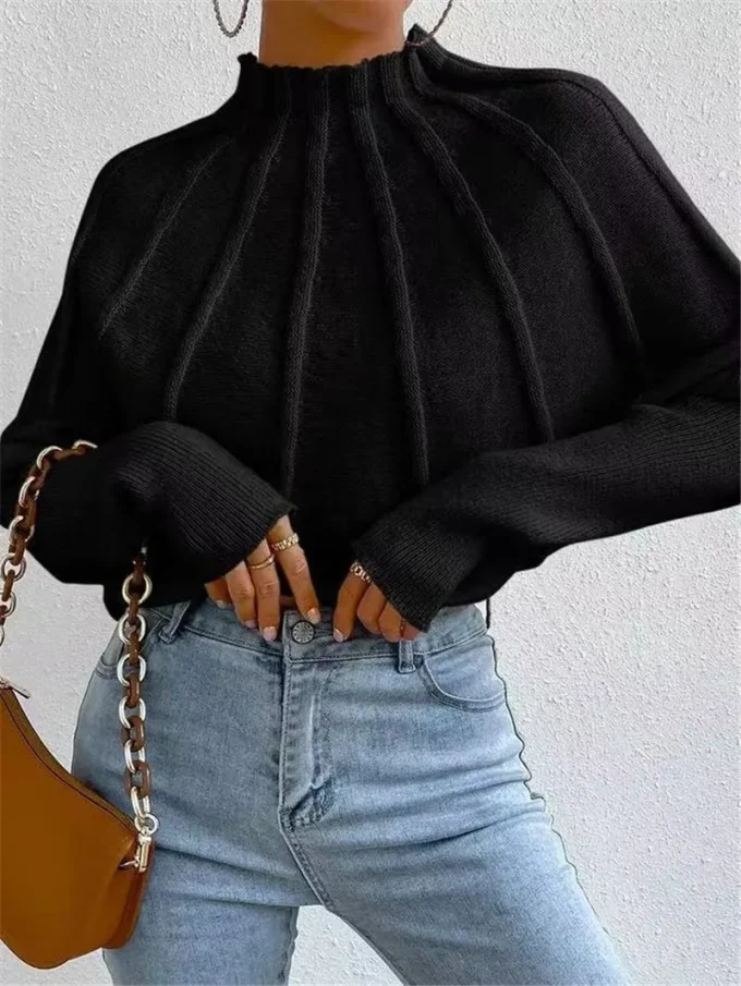 Autumn and Winter New Semi High Neck Solid Color Versatile Knitted Pullover Sweater Bat Sleeve Sweater for Women's Tops - Image 2