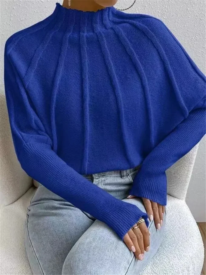 Autumn and Winter New Semi High Neck Solid Color Versatile Knitted Pullover Sweater Bat Sleeve Sweater for Women's Tops - Image 3