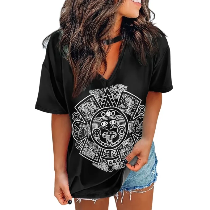 Custom Mexican Culture Aztec Warrior T Shirt Logo 2023 New Brand Loose Fit Top Women's Classic-Fit Short-Sleeve V-Neck T-Shirt - Image 6