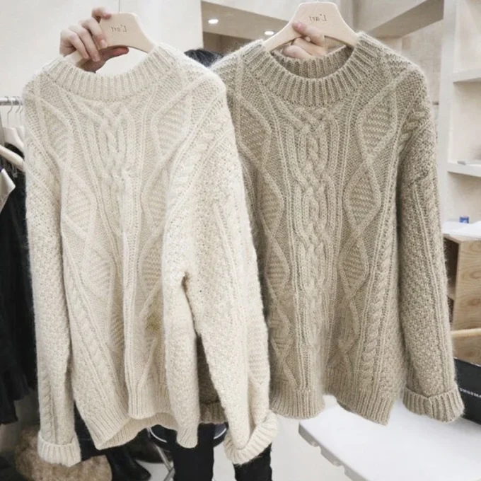 Thickened Cable-knit Sweater Women's Autumn and Winter New Retro Lazy Loose Pullover All-matching Knitwear Tops Outerwear - Image 2