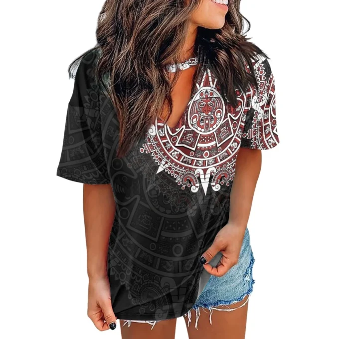 Custom Mexican Culture Aztec Warrior T Shirt Logo 2023 New Brand Loose Fit Top Women's Classic-Fit Short-Sleeve V-Neck T-Shirt - Image 2