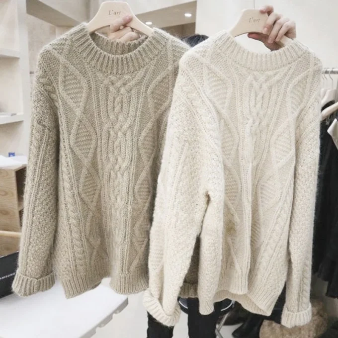 Thickened Cable-knit Sweater Women's Autumn and Winter New Retro Lazy Loose Pullover All-matching Knitwear Tops Outerwear - Image 3