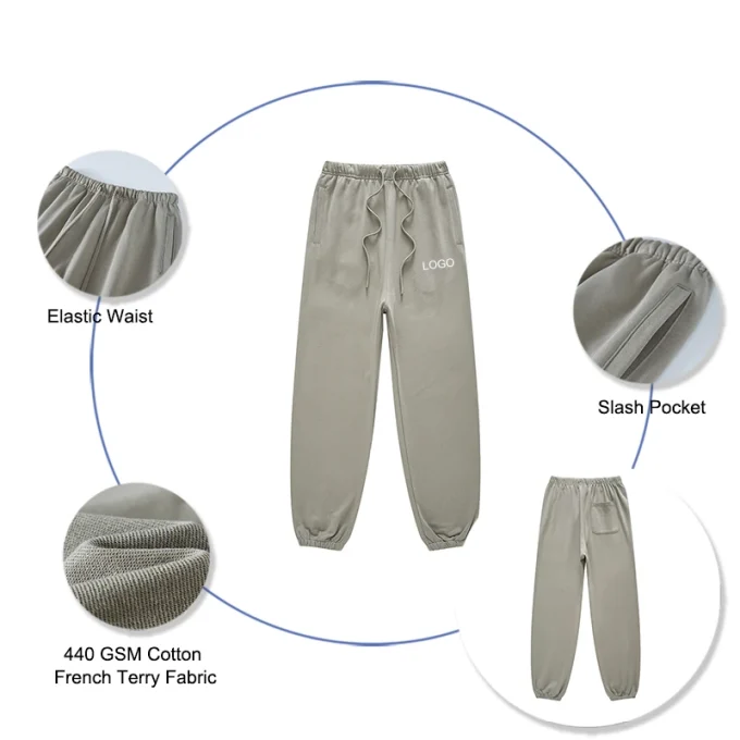 440GSM French Terry Cotton Sweatpants Custom Logo Elastic Waist and Bottom Plain Sports Pants Men Baggy Sweats Joggers Pants