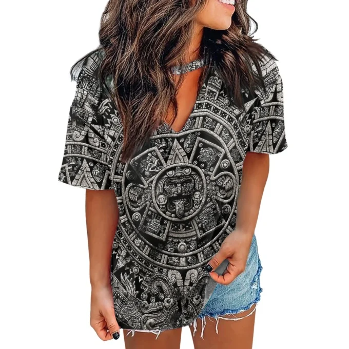 Custom Mexican Culture Aztec Warrior T Shirt Logo 2023 New Brand Loose Fit Top Women's Classic-Fit Short-Sleeve V-Neck T-Shirt