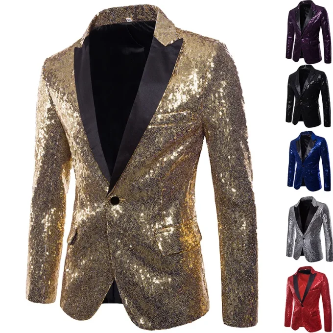 Hot Men Shiny Gold Sequin Glitter Embellished Blazer Jacket Men Nightclub Blazer Wedding Party Suit Jacket Stage Singers Clothes