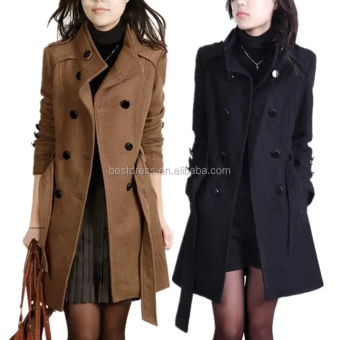S-4XL Women Trench Woolen Coat Winter Slim Double Breasted Overcoat Long Outerwear - Image 4