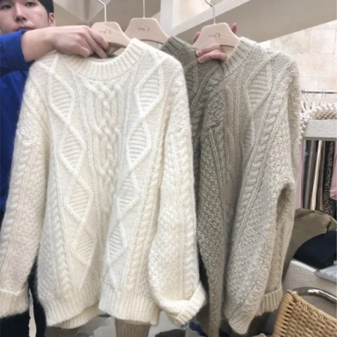 Thickened Cable-knit Sweater Women's Autumn and Winter New Retro Lazy Loose Pullover All-matching Knitwear Tops Outerwear - Image 5