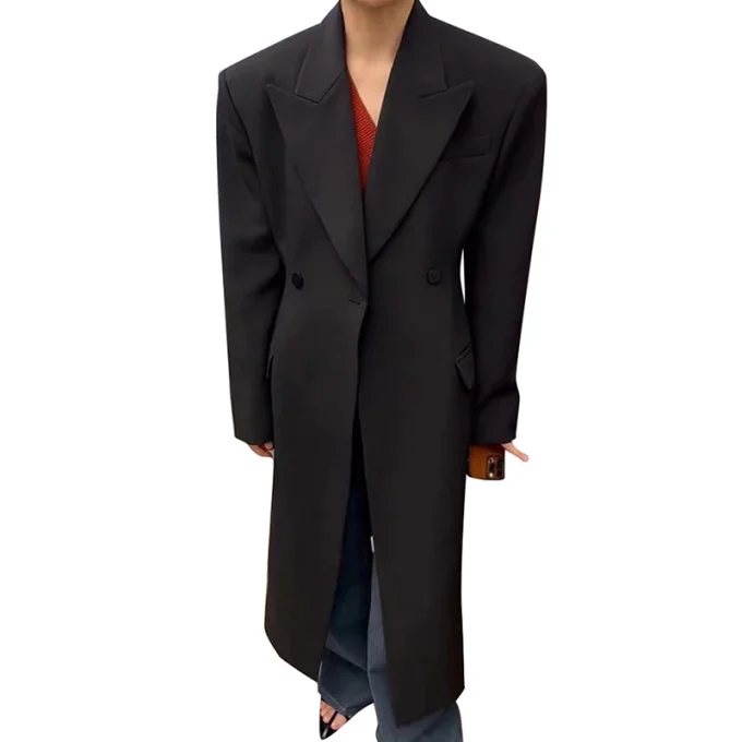 For TWOTWINSTYLE 2024 Ladies Jackets Long-Sleeve Slim Notched Collar Breathable Woven Outerwear Casual Long Style for Women