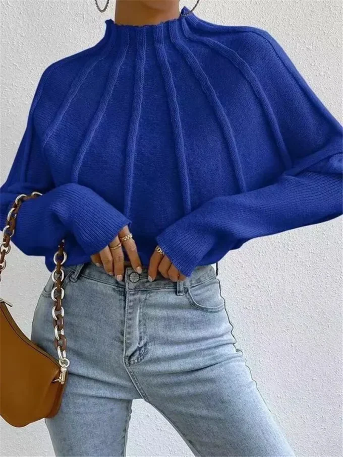 Autumn and Winter New Semi High Neck Solid Color Versatile Knitted Pullover Sweater Bat Sleeve Sweater for Women's Tops - Image 5