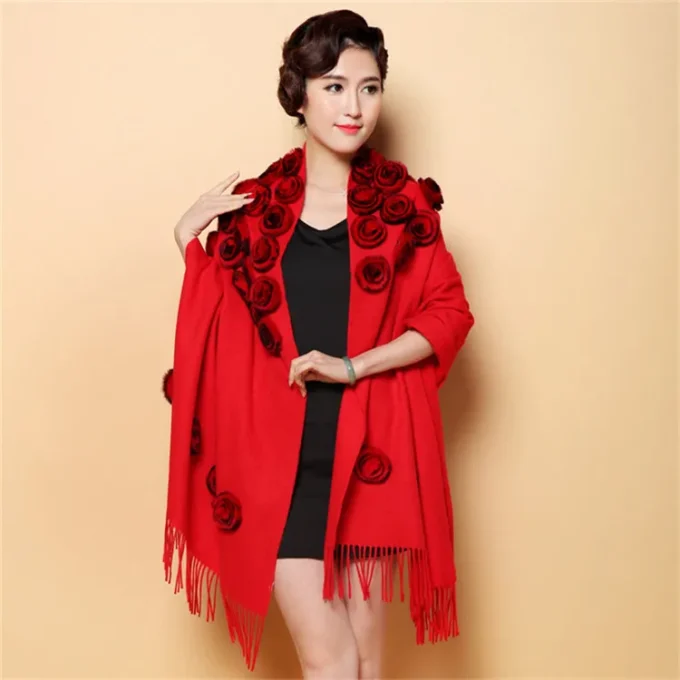 Wool Cashmere Purple Scarf Real Fur Scarf for Women Winter Fashion Long Wool Scarf With 48 Pieces Rex Rabbit Fur Flowers - Image 4