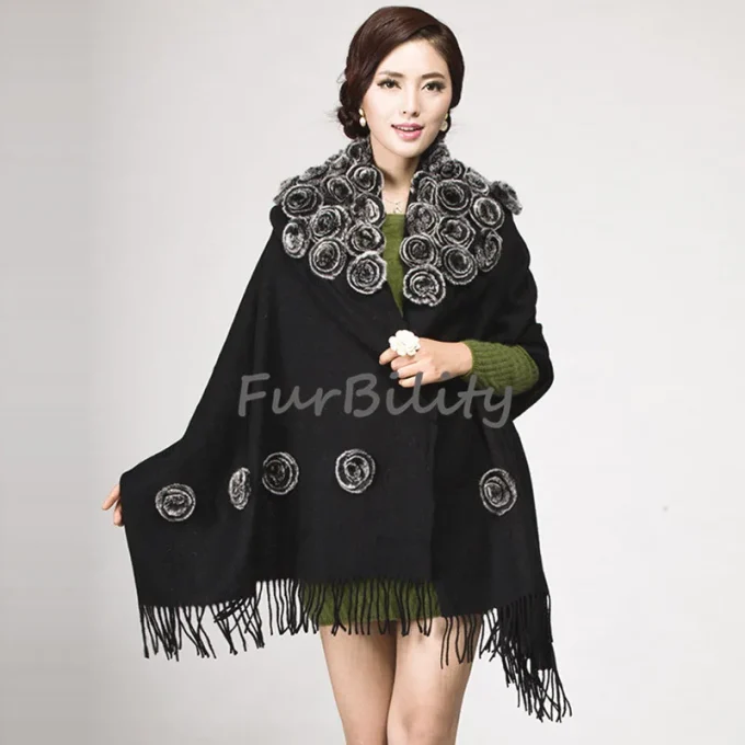 Wool Cashmere Purple Scarf Real Fur Scarf for Women Winter Fashion Long Wool Scarf With 48 Pieces Rex Rabbit Fur Flowers - Image 5