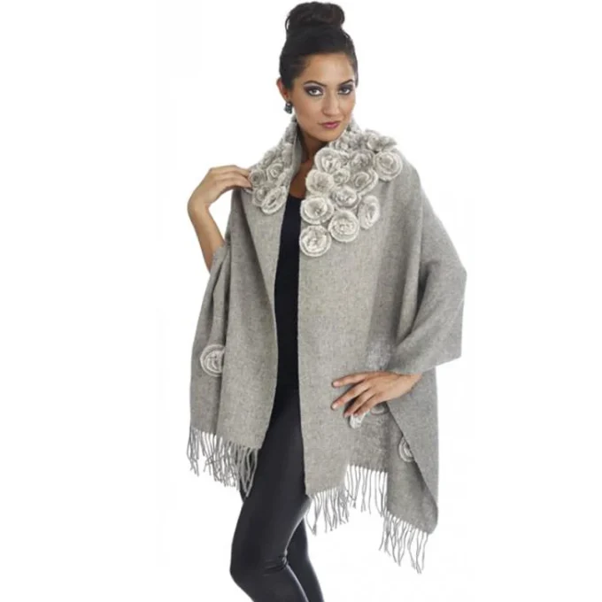 Wool Cashmere Purple Scarf Real Fur Scarf for Women Winter Fashion Long Wool Scarf With 48 Pieces Rex Rabbit Fur Flowers - Image 6