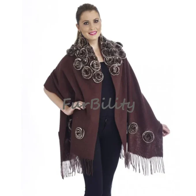 Wool Cashmere Purple Scarf Real Fur Scarf for Women Winter Fashion Long Wool Scarf With 48 Pieces Rex Rabbit Fur Flowers