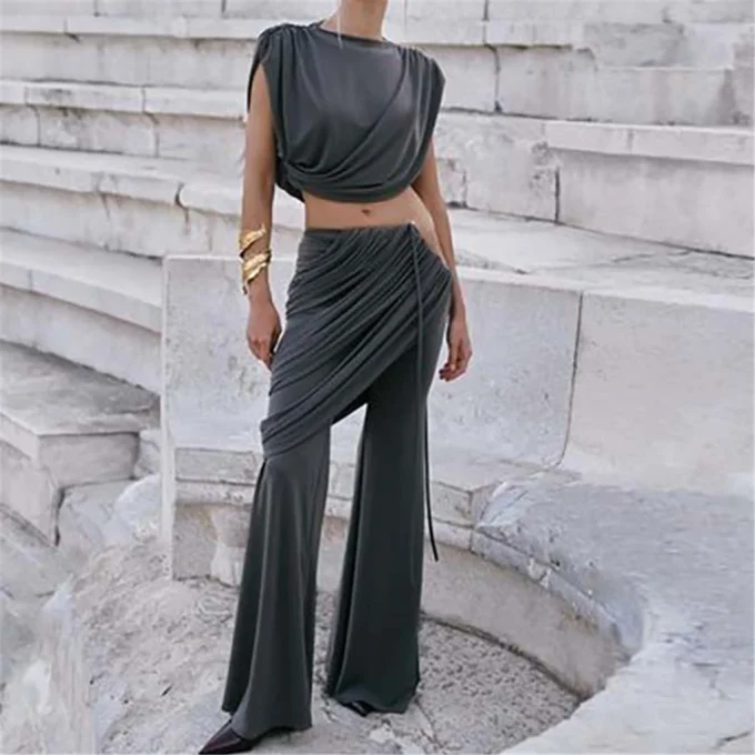 ZHEZHE Fall Women's Streetwear Elegant Two Piece Sets Fashion Tops Flared Pant Suit - Image 2