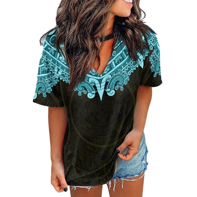 Custom Mexican Culture Aztec Warrior T Shirt Logo 2023 New Brand Loose Fit Top Women's Classic-Fit Short-Sleeve V-Neck T-Shirt - Image 3